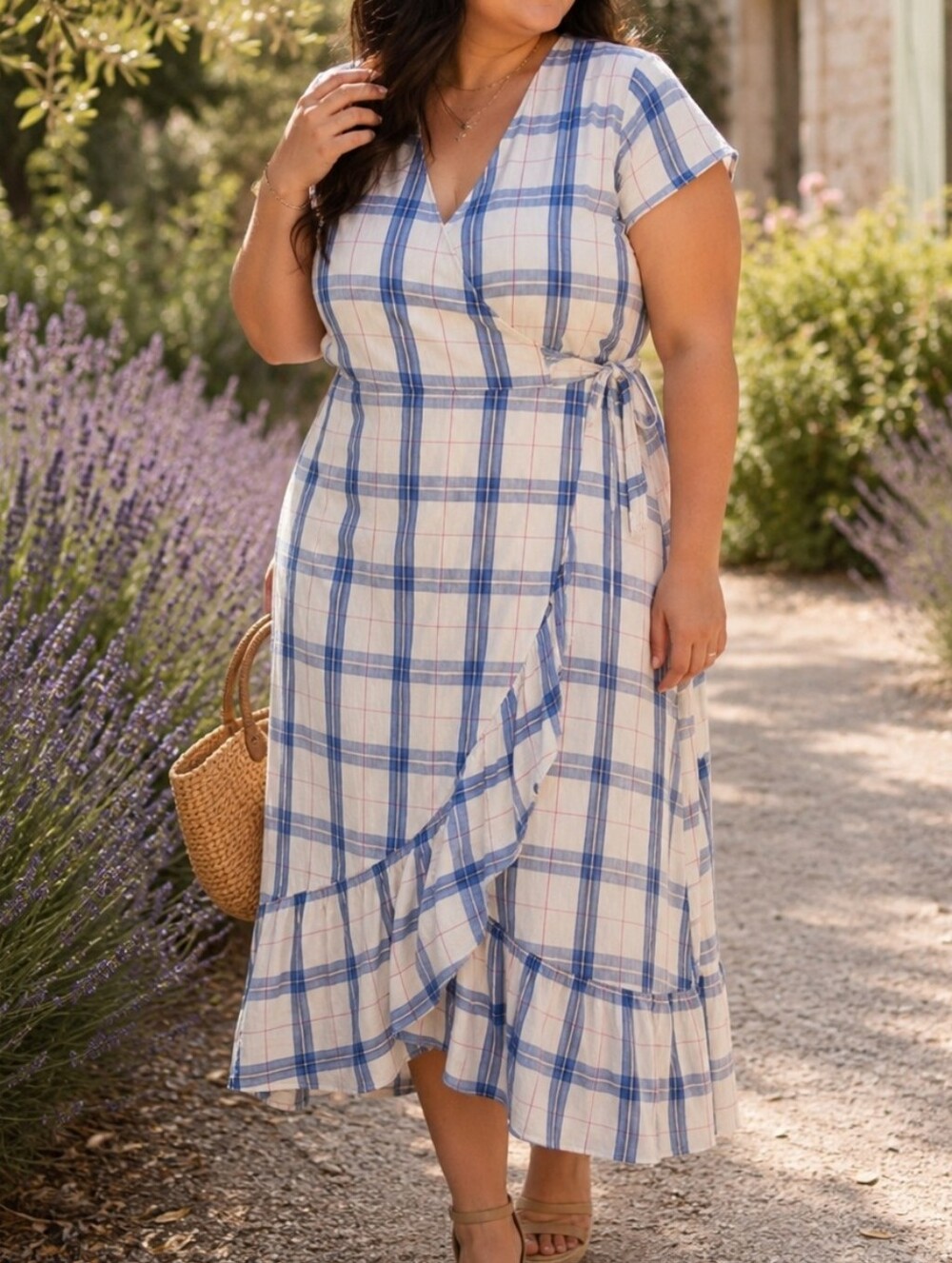 Old Navy Cream Blue Plaid Wrap Midi Dress | Ruffle Hem Cottagecore Picnic Summer